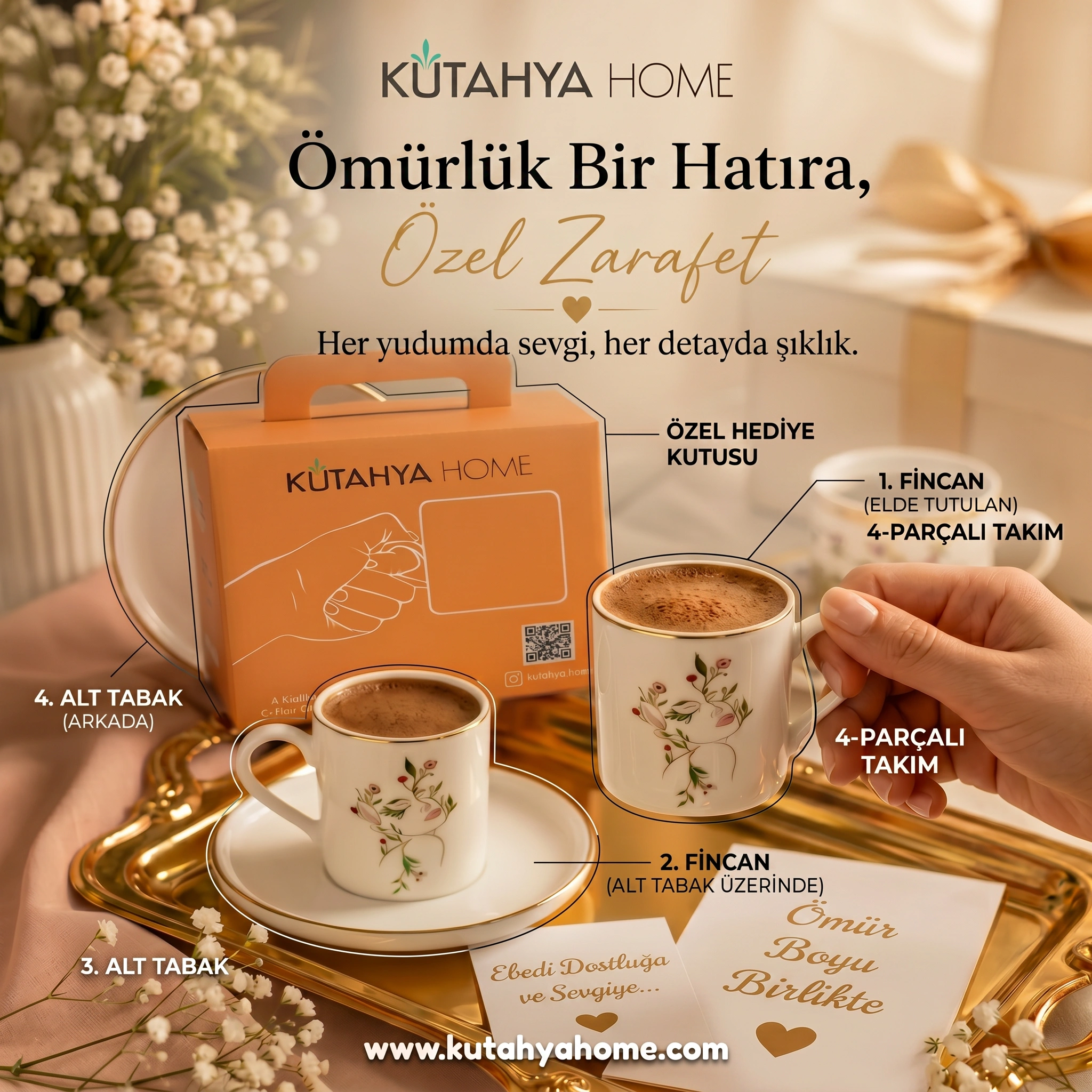 Flora_2Kisi 2 Kişilik Porselen Türk Kahvesi Fincanı Takımı FLORA - Görsel 1