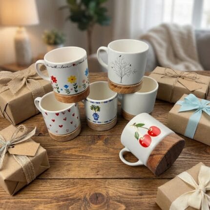 LİMBA AHŞAP TABANLI MODERN KUPA MUG SERAMİK
