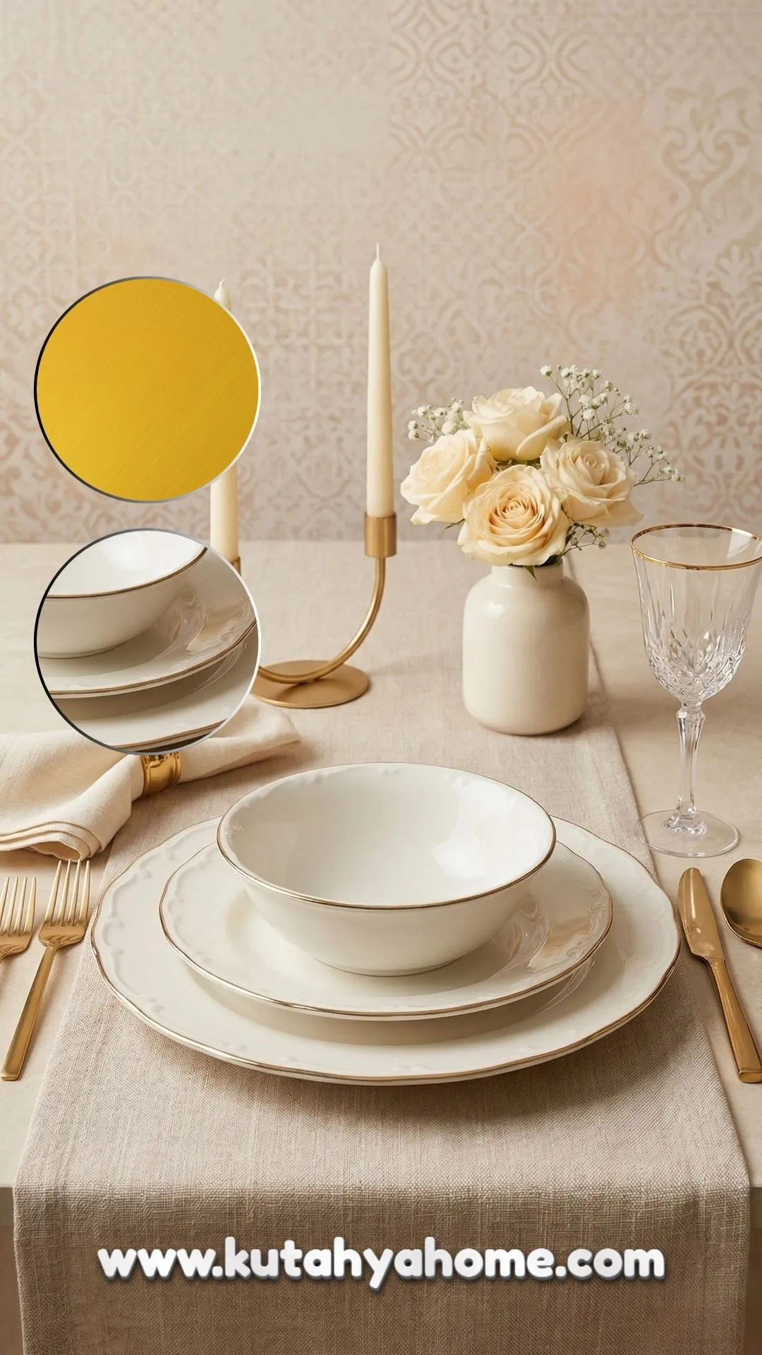 liana-gold Altın File 24 Parça Yemek Takımı Kütahya Home | 6 Kişilik Lüks Sofra Takımı - Görsel 1