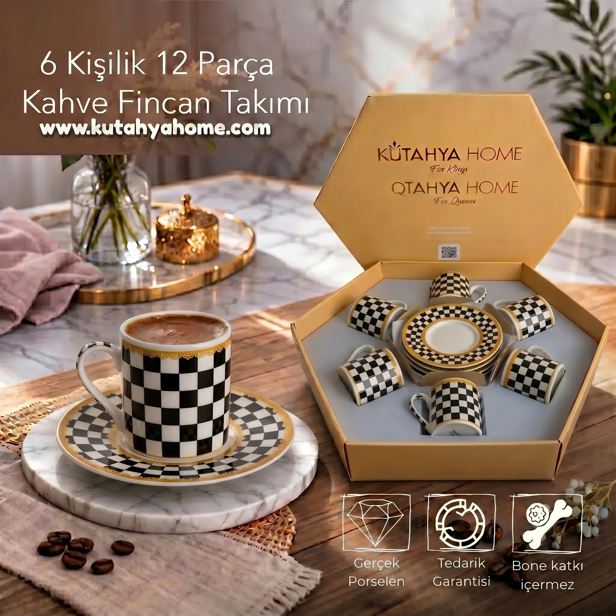 royal ROYAL KAHVE FİNCAN TAKIMI 12 PRÇ PORSELEN DAMA DESEN - Görsel 1