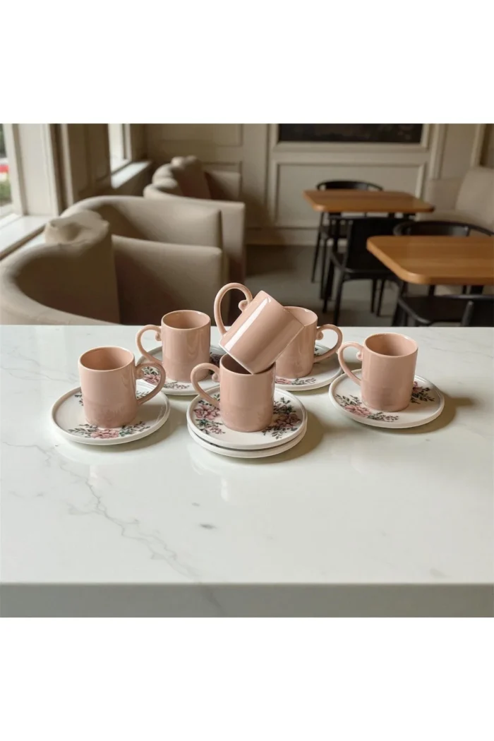PASTEL 12 Parça Desenli Porselen Kahve Fincan Takımı | 6 Kişilik - Görsel 2