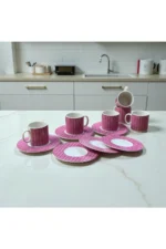 Pink 12 Parça Desenli Porselen Kahve Fincan Takımı | 6 Kişilik