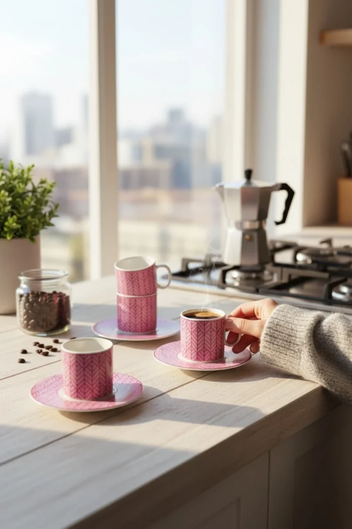 Pink 12 Parça Desenli Porselen Kahve Fincan Takımı | 6 Kişilik - Görsel 3
