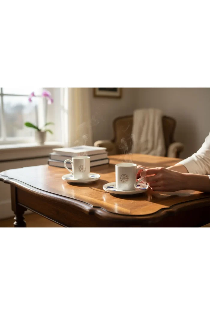 Porselen Acem Zade Lacivert Kahve Fincanı ve Çay Tabağı - Görsel 3