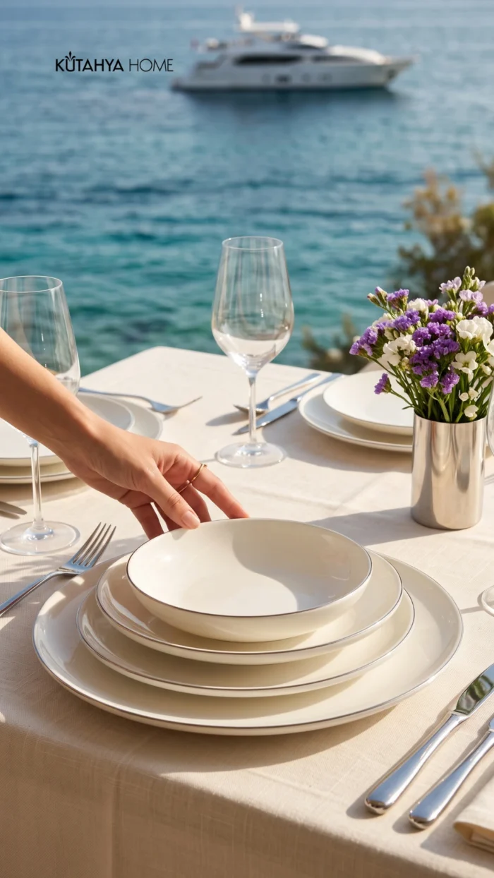 Lüks Gümüş File Desenli Modern Porselen Yemek Takımı 24 parça 6 Kişilik Timeless Design - Görsel 4