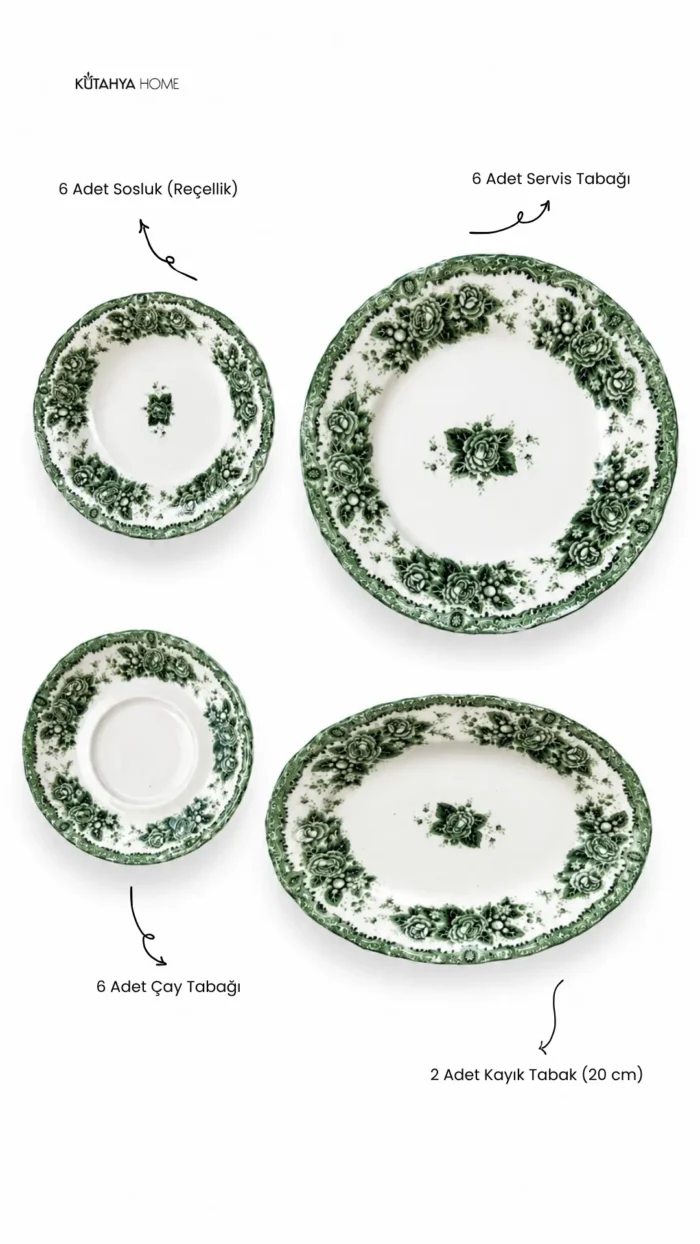 Green Romance 20 Parça Porselen Kahvaltı Takımı Vintage Tasarım - Görsel 2