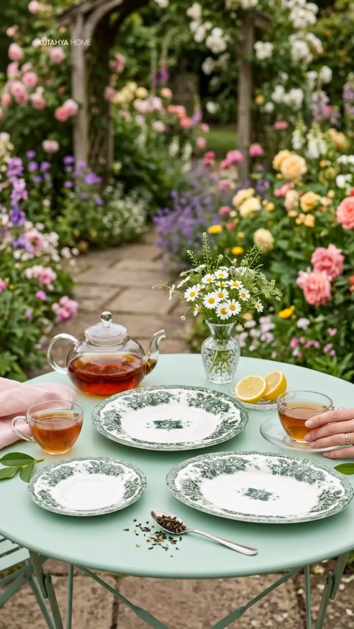 Green Romance 20 Parça Porselen Kahvaltı Takımı Vintage Tasarım - Görsel 3