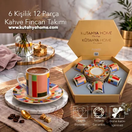 Penceredeki Renkler Kahve Fincan Takımı 12 Parça Porselen 6 Kişilik