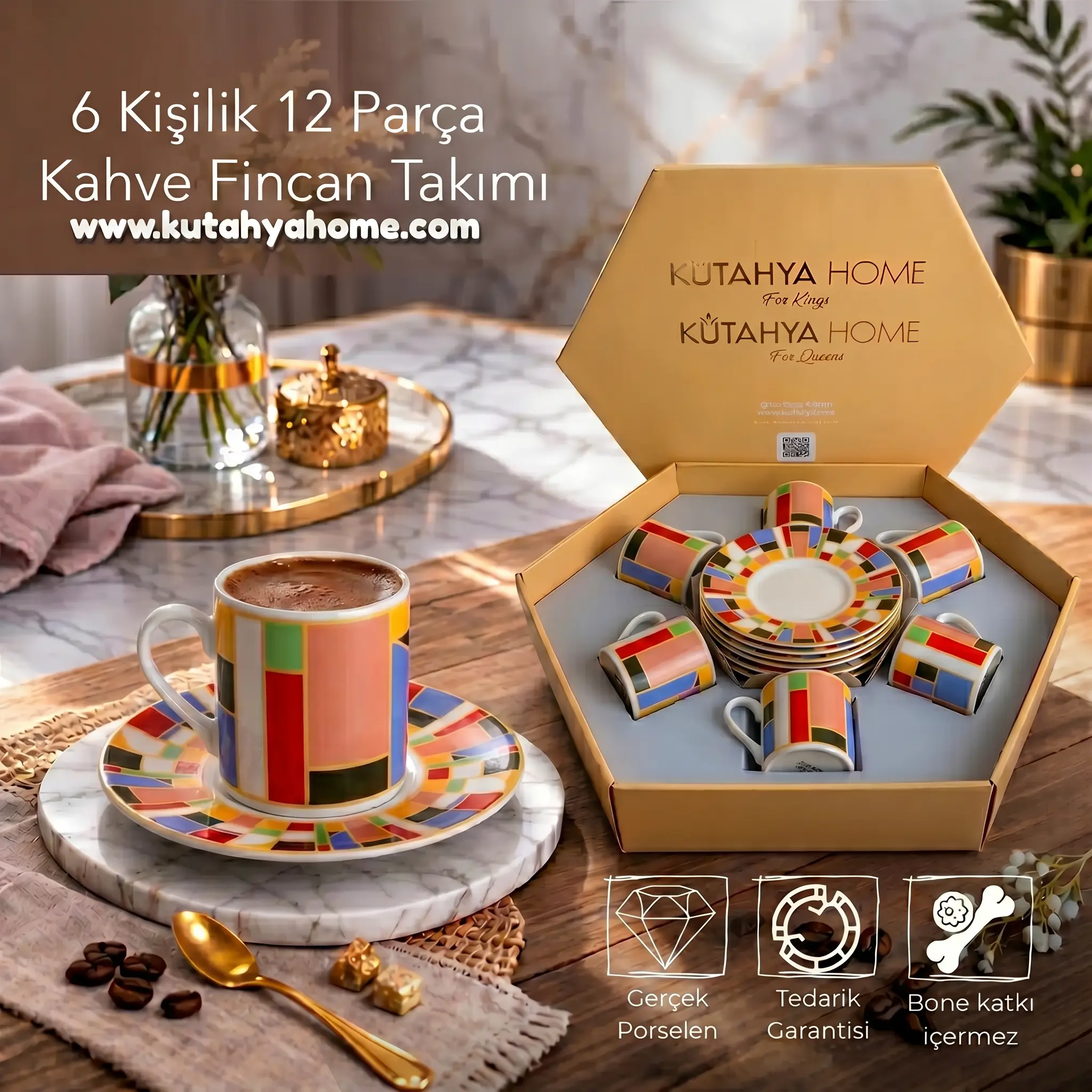 renkli Penceredeki Renkler Kahve Fincan Takımı 12 Parça Porselen 6 Kişilik - Görsel 1