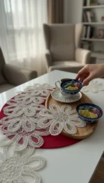 Yıldız OVAL 6 Adet Tül Üzeri Nakışlı Kahve Yanı Kokteyl Peçetesi - Bardak Altlığı Sunumluk Peçetesi - Görsel 2