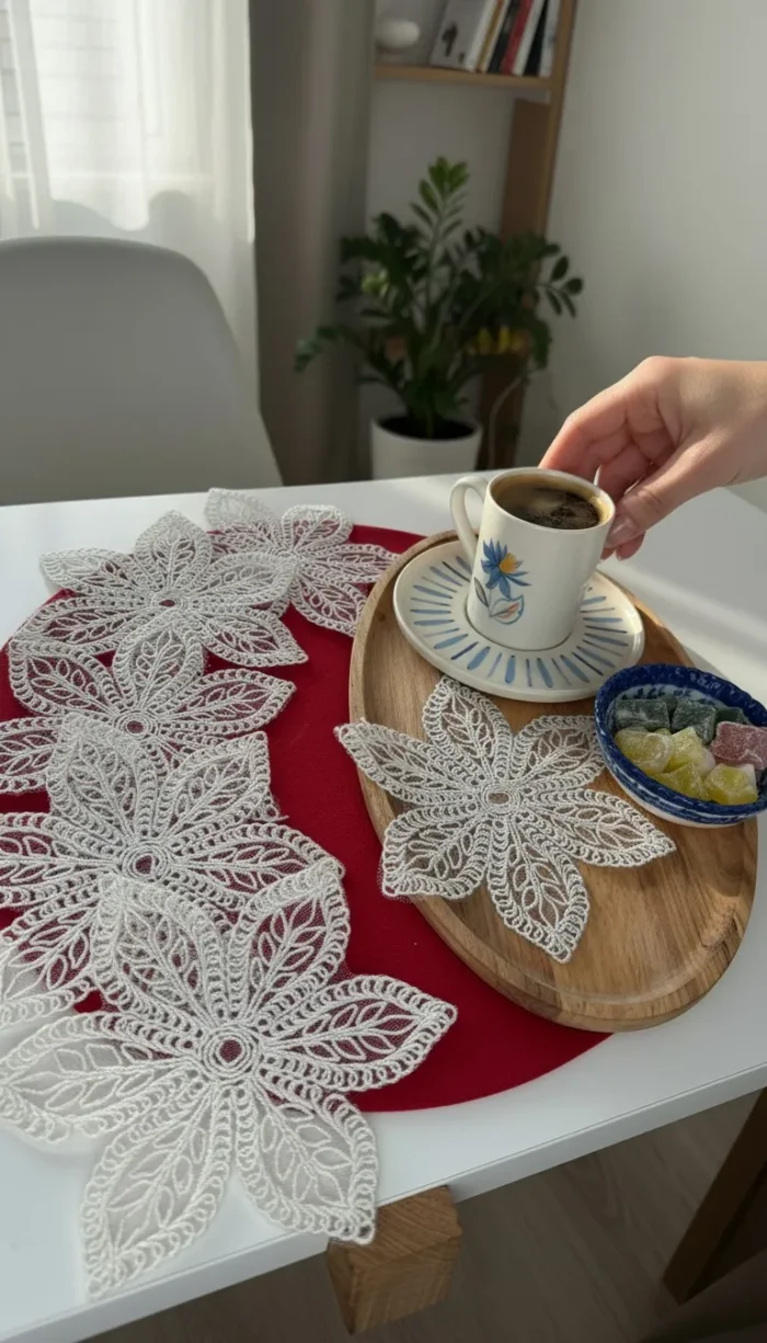 Yıldız 6 Adet Tül Üzeri Nakışlı Kahve Yanı Kokteyl Peçetesi - Bardak Altlığı Sunumluk Peçetesi - Görsel 2