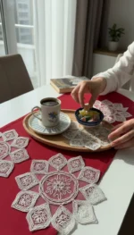 Baklava 6 Adet Tül Üzeri Nakışlı Kahve Yanı Kokteyl Peçetesi - Bardak Altlığı Sunumluk Peçetesi