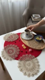Fırfır 6 Adet Tül Üzeri Nakışlı Kahve Yanı Kokteyl Peçetesi - Bardak Altlığı Sunumluk Peçetesi