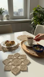Baklava 6 Adet Tül Üzeri Nakışlı Kahve Yanı Kokteyl Peçetesi - Bardak Altlığı Sunumluk Peçetesi - Görsel 2