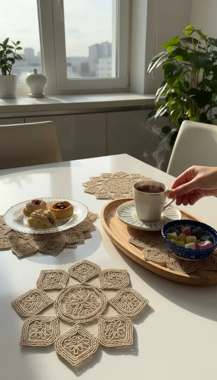 Baklava 6 Adet Tül Üzeri Nakışlı Kahve Yanı Kokteyl Peçetesi - Bardak Altlığı Sunumluk Peçetesi - Görsel 2