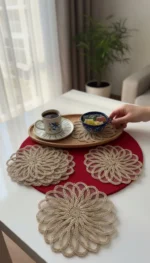 İçiçe 6 Adet Tül Üzeri Nakışlı Kahve Yanı Kokteyl Peçetesi - Bardak Altlığı Sunumluk Peçetesi - Görsel 4