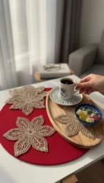 Yıldız 6 Adet Tül Üzeri Nakışlı Kahve Yanı Kokteyl Peçetesi - Bardak Altlığı Sunumluk Peçetesi - Görsel 3