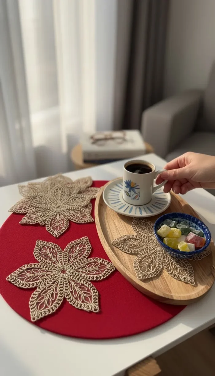 Yıldız 6 Adet Tül Üzeri Nakışlı Kahve Yanı Kokteyl Peçetesi - Bardak Altlığı Sunumluk Peçetesi - Görsel 3