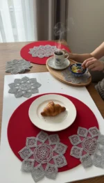 Baklava 6 Adet Tül Üzeri Nakışlı Kahve Yanı Kokteyl Peçetesi - Bardak Altlığı Sunumluk Peçetesi - Görsel 3
