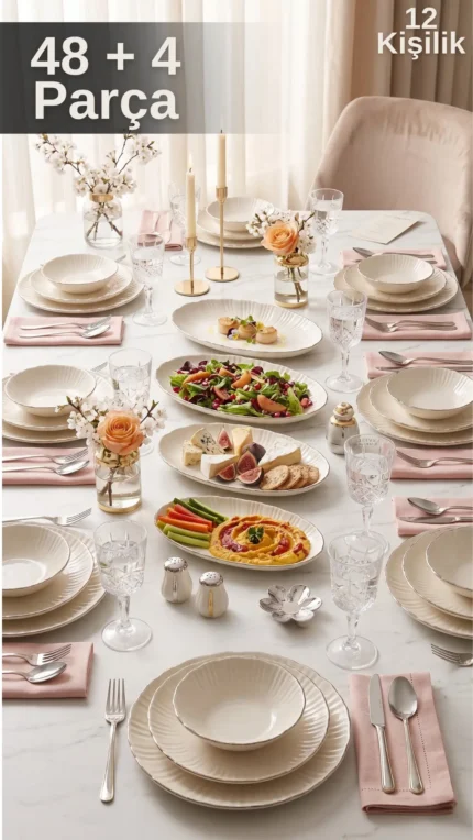 12 Kişilik 52 Parça Timeless Elegance Porselen Gümüş Yemek Seti