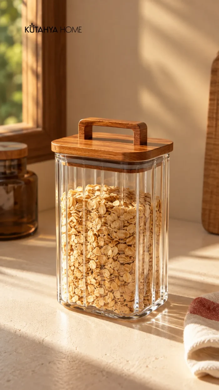 Akasya Kapaklı Kare Cam Kavanoz 950 ml Çizgili Erzak Saklama Kabı - Görsel 3