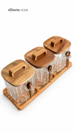 Akasya Standlı 3’lü Kare Cam Kavanoz Seti 3 x 950 ml Kulplu Kapaklı