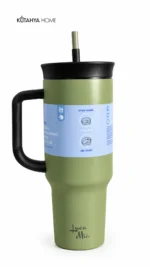 Çelik Pipetli Termos Matara 1200 ml Kulplu Kapaklı Yeşil - Görsel 2