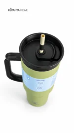 Çelik Pipetli Termos Matara 1200 ml Kulplu Kapaklı Yeşil
