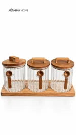 Akasya Standlı 3’lü Yuvarlak Cam Kavanoz Seti 3 x 800 ml Çizgili Kulplu Kapaklı - Görsel 3