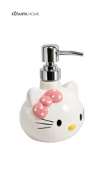 Pati Kedi Figürlü Sıvı Sabunluk Pembe Fiyonklu Beyaz Pompalı Sabunluk