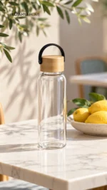 Bambu Kapaklı Cam Matara 420 ml Taşıma Kulplu Şeffaf Su Şişesi - Görsel 3