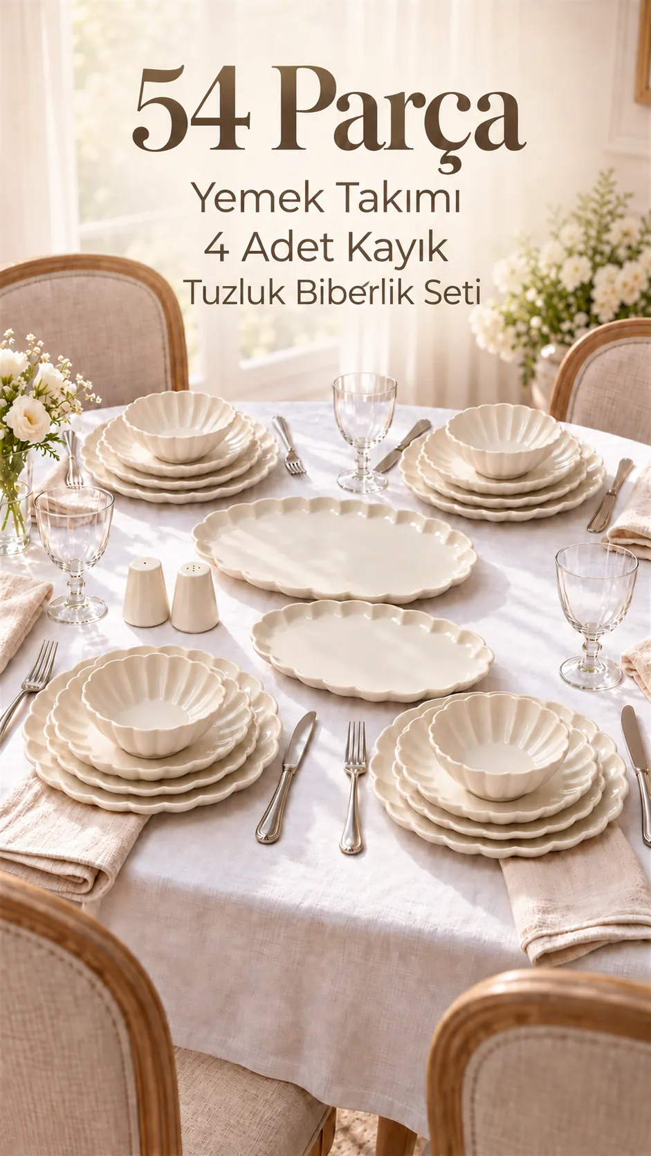 liva54-1 Liva 54 Parça 12 Kişilik Dalgalı Kenarlı Porselen Yemek Takımı Krem - Görsel 1