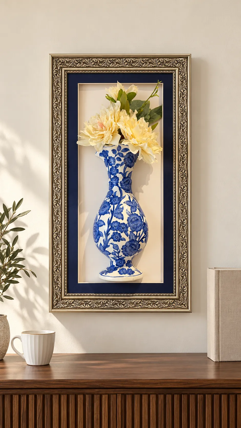 tabla-2 Krem Çiçekli Duvar Panosu 33 x 63 cm Gümüş Renk Desenli Çerçeveli Mavi Beyaz Vazo Detaylı - Görsel 1
