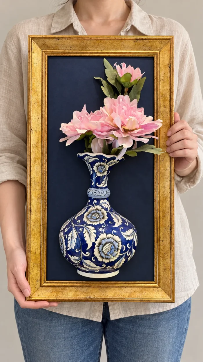Altın Renk Çerçeveli Pembe Çiçekli Duvar Panosu 32 x 57 cm Lacivert Vazo Detaylı - Görsel 2