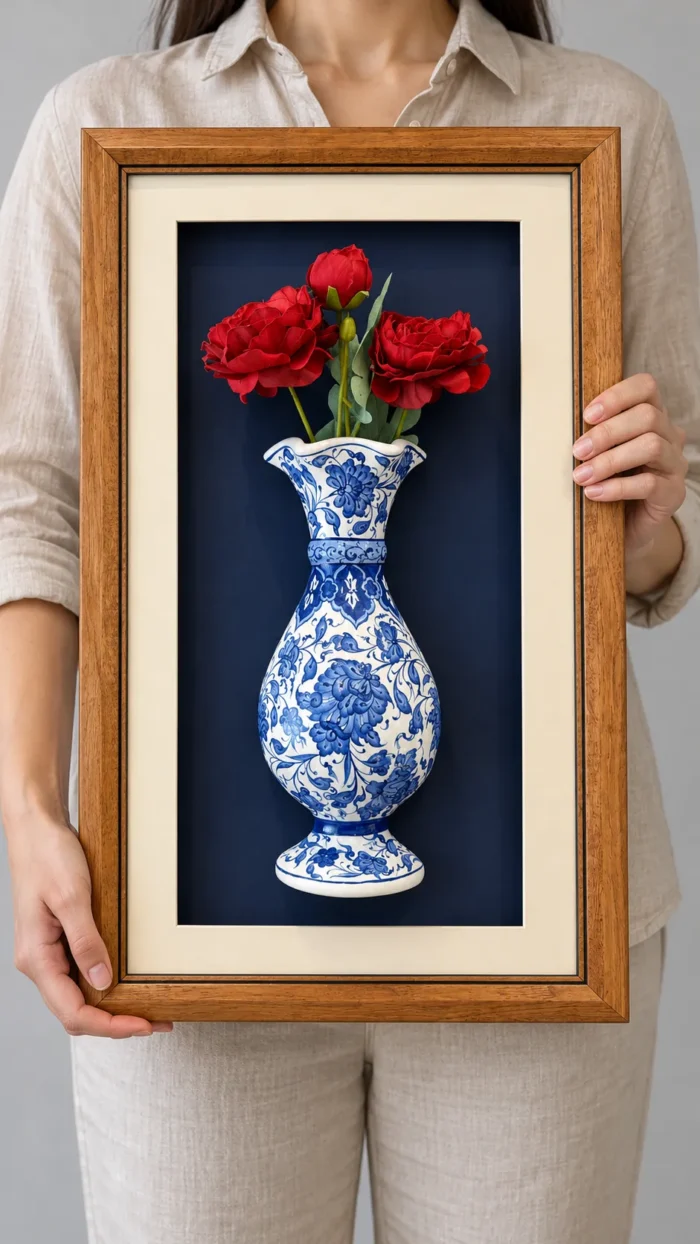 Kırmızı Güllü Duvar Panosu 37 x 62 cm Kahverengi Çerçeveli Mavi Beyaz Vazo Detaylı - Görsel 2