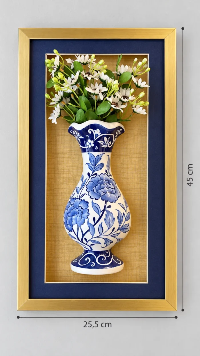 Beyaz Çiçekli Duvar Panosu 25,5 x 45 cm Altın Renk Çerçeveli Mavi Beyaz Vazo Detaylı - Görsel 2