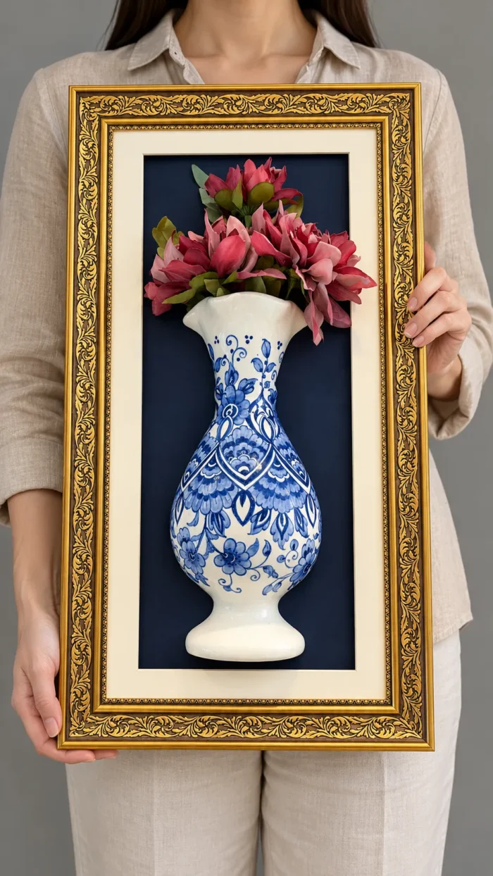 Bordo Çiçekli Duvar Panosu 33 x 64 cm Altın Renk Desenli Çerçeveli Mavi Beyaz Vazo Detaylı - Görsel 2
