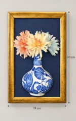 Altın Renk Çerçeveli Çiçekli Duvar Panosu 19 x 30 cm Mavi Beyaz Vazo Detaylı - Görsel 2