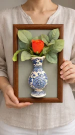 Kırmızı Güllü Duvar Panosu 19 x 30 cm Kahverengi Çerçeveli Mavi Beyaz Vazo Detaylı - Görsel 3
