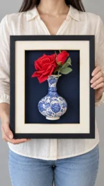 Kırmızı Güllü Duvar Panosu 30 x 36 cm Siyah Çerçeveli Mavi Beyaz Vazo Detaylı - Görsel 3