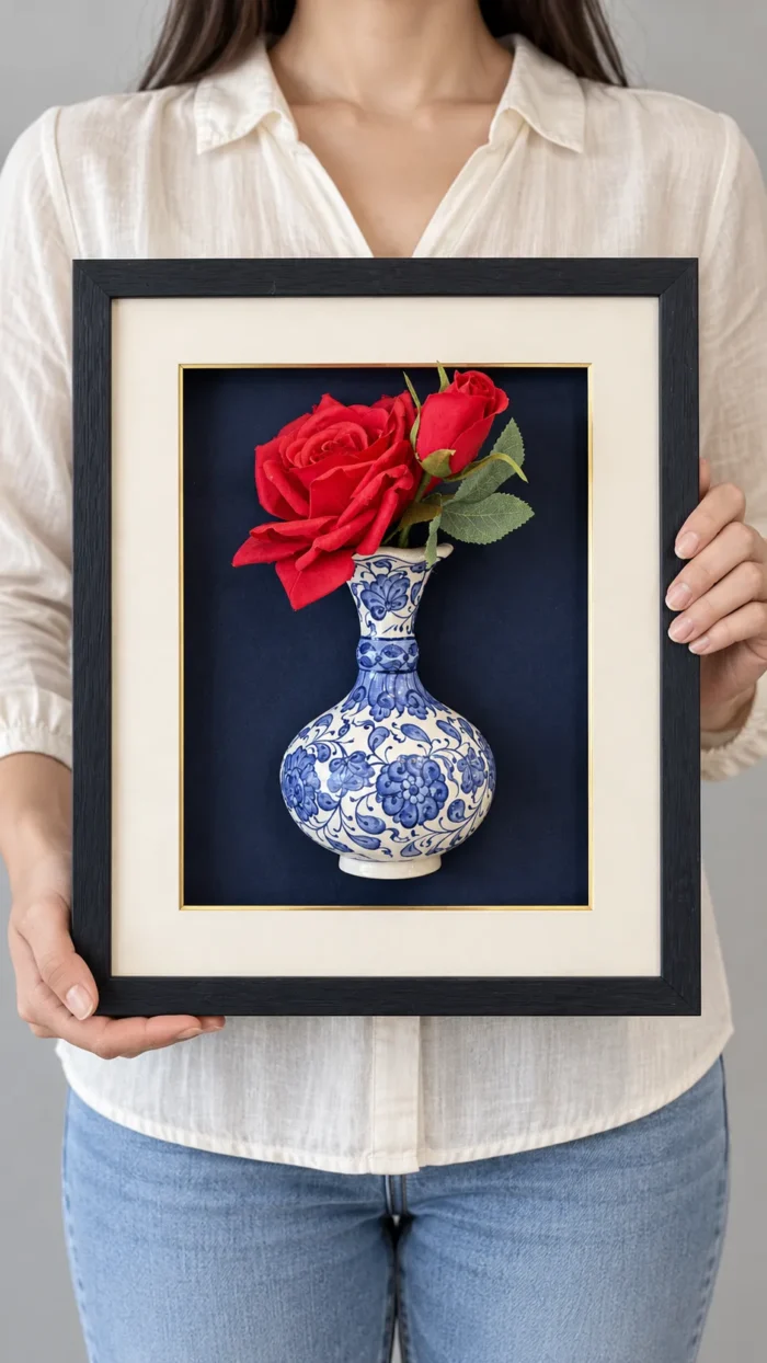 Kırmızı Güllü Duvar Panosu 30 x 36 cm Siyah Çerçeveli Mavi Beyaz Vazo Detaylı - Görsel 3