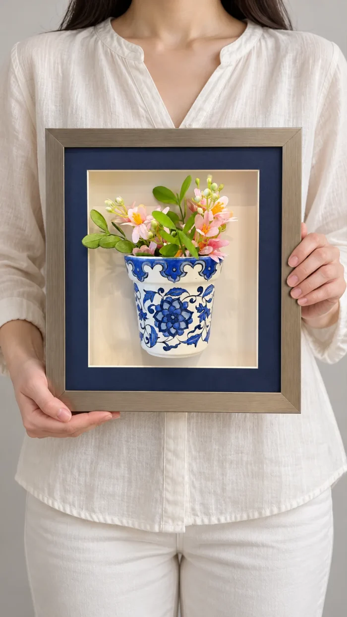 Pembe Çiçekli Duvar Panosu 26 x 30 cm Mavi Beyaz Desenli Saksı Detaylı Çerçeveli Duvar Süsü - Görsel 2