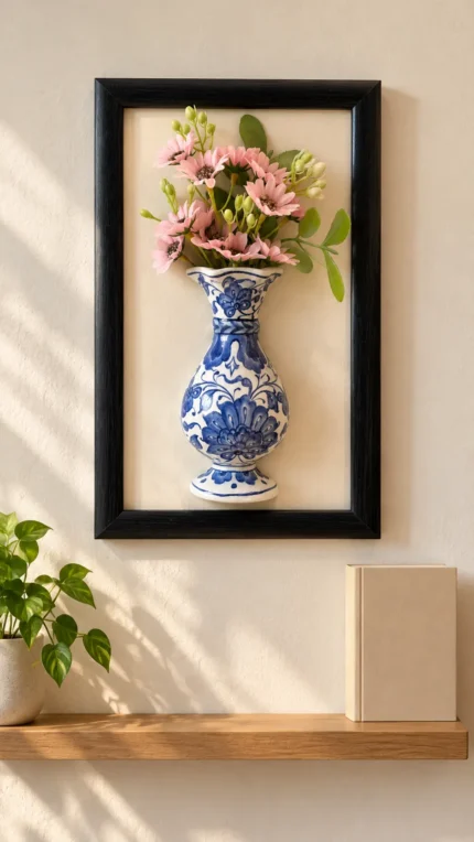 Pembe Çiçekli Vazo Detaylı Duvar Panosu 19 x 30 cm Siyah Çerçeveli Mavi Beyaz Desenli