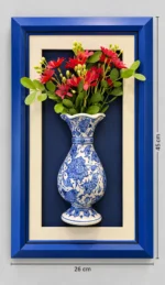 Kırmızı Çiçekli Duvar Panosu 26 x 45 cm Mavi Çerçeveli Mavi Beyaz Vazo Detaylı - Görsel 2