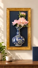 Altın Renk Çerçeveli Pembe Çiçekli Duvar Panosu 32 x 57 cm Lacivert Vazo Detaylı