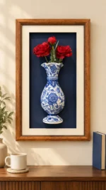 Kırmızı Güllü Duvar Panosu 37 x 62 cm Kahverengi Çerçeveli Mavi Beyaz Vazo Detaylı
