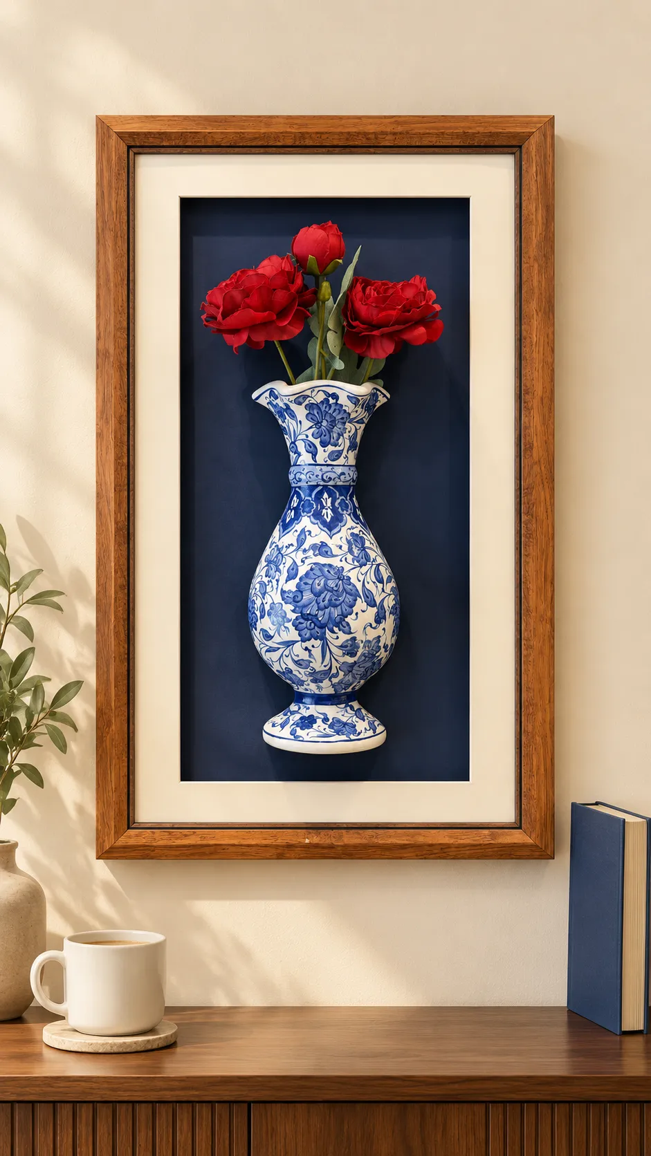 tablo-2 Kırmızı Güllü Duvar Panosu 37 x 62 cm Kahverengi Çerçeveli Mavi Beyaz Vazo Detaylı - Görsel 1