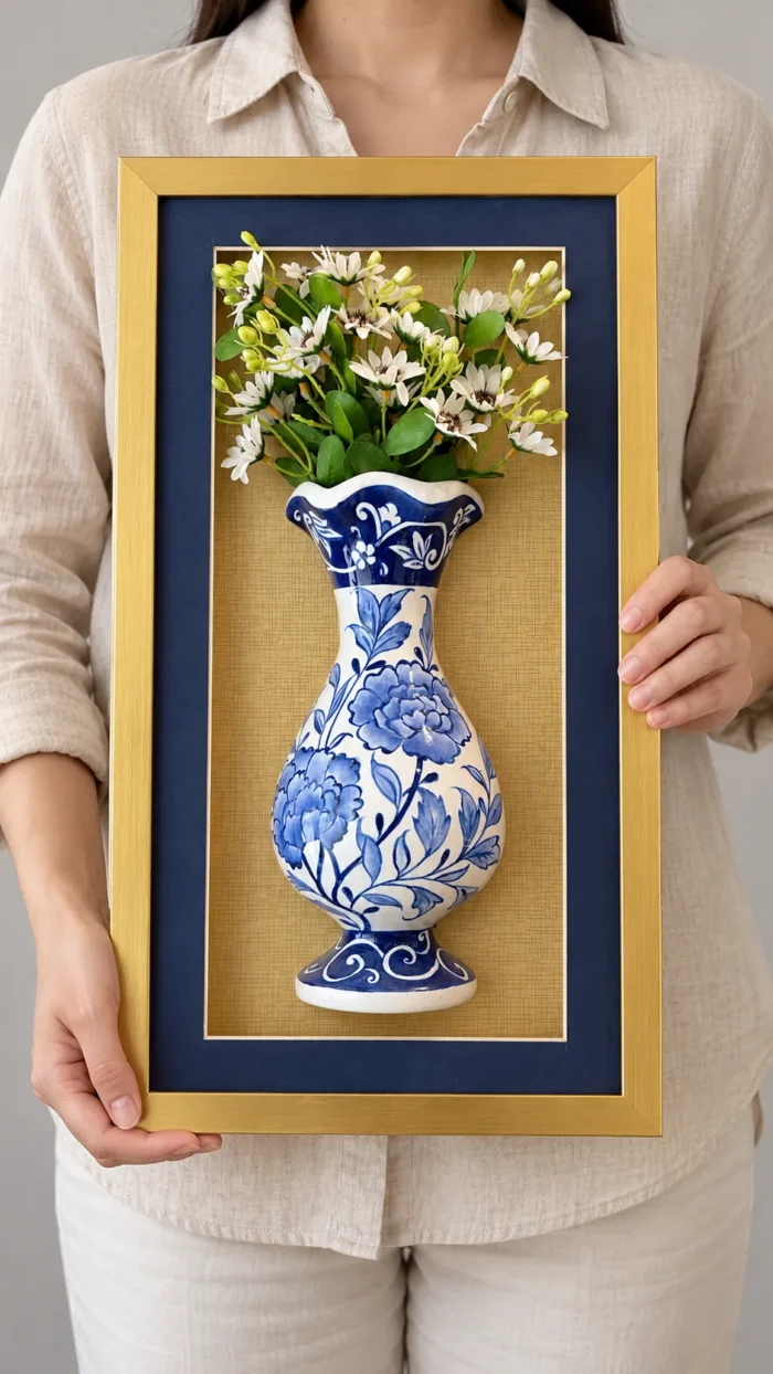 Beyaz Çiçekli Duvar Panosu 25,5 x 45 cm Altın Renk Çerçeveli Mavi Beyaz Vazo Detaylı - Görsel 3