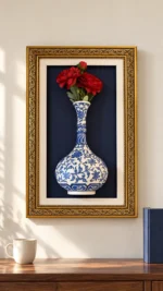 Kırmızı Güllü Duvar Panosu 37 x 62 cm Altın Renk İşlemeli Çerçeveli Mavi Beyaz Vazo Detaylı