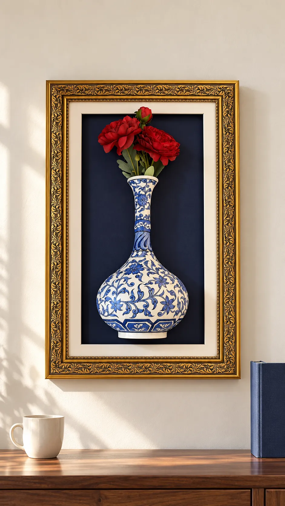 tablo-2 Kırmızı Güllü Duvar Panosu 37 x 62 cm Altın Renk İşlemeli Çerçeveli Mavi Beyaz Vazo Detaylı - Görsel 1